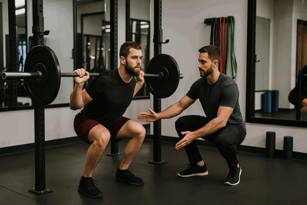 Trainer coaching a man through a barbell squat in a mirrored gym during an 8 week weight training program for beginners.